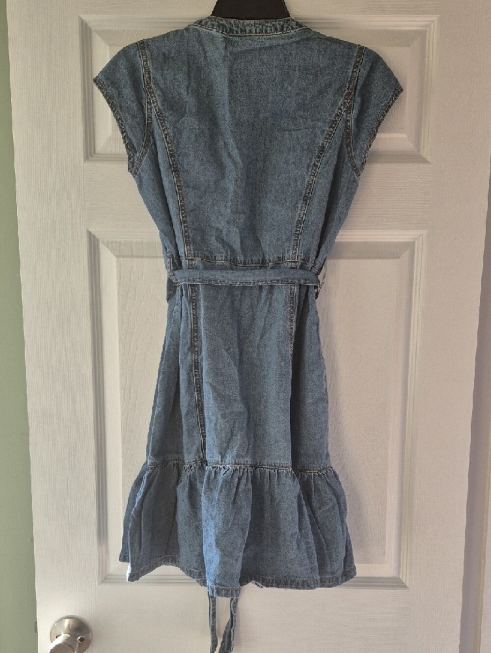 Washed Blue Denim Midi Dress with Waist Tie - Picture 3 of 3